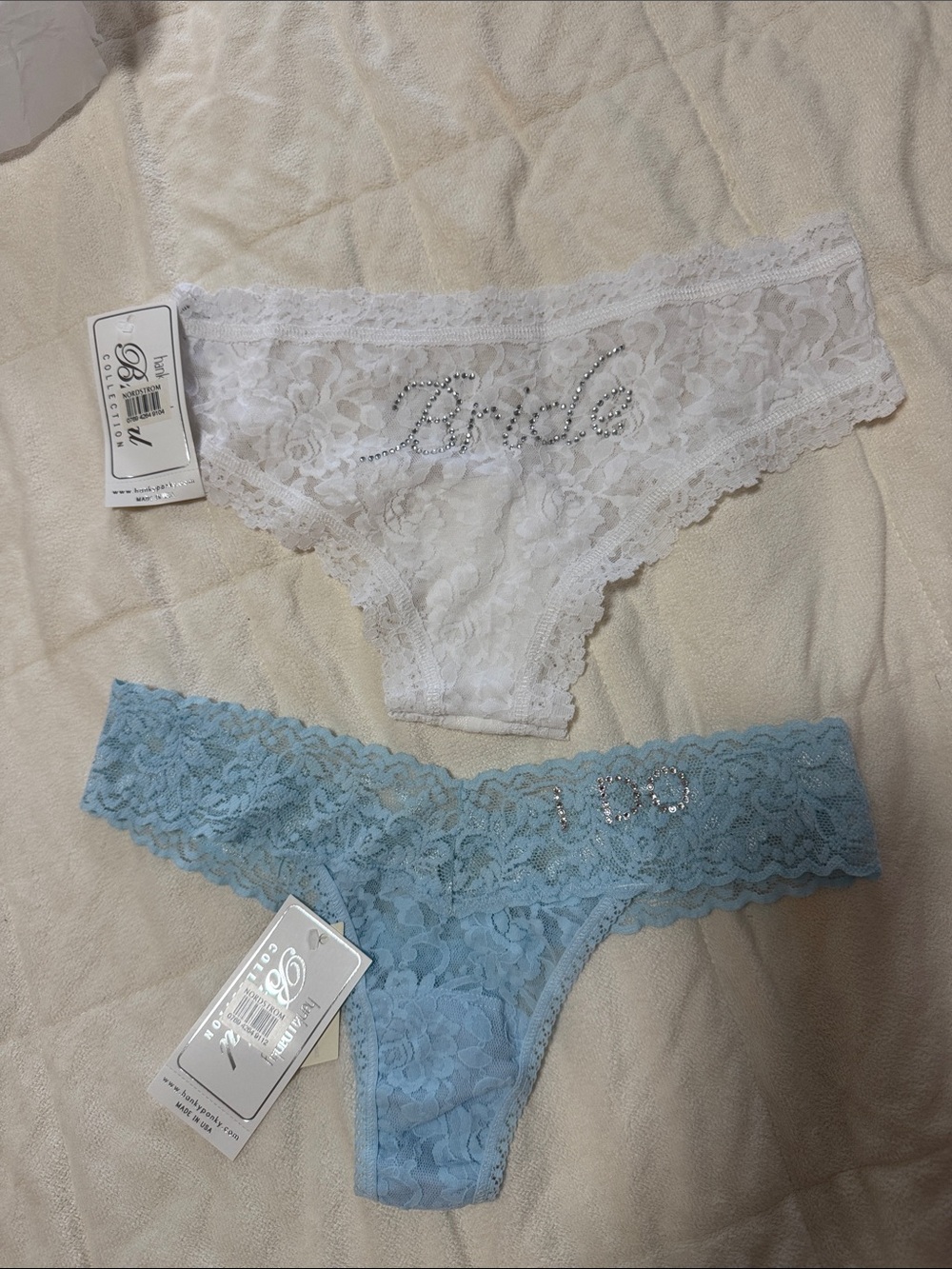 Bride Rhinestone Lace Thong Panties - White and Light Blue